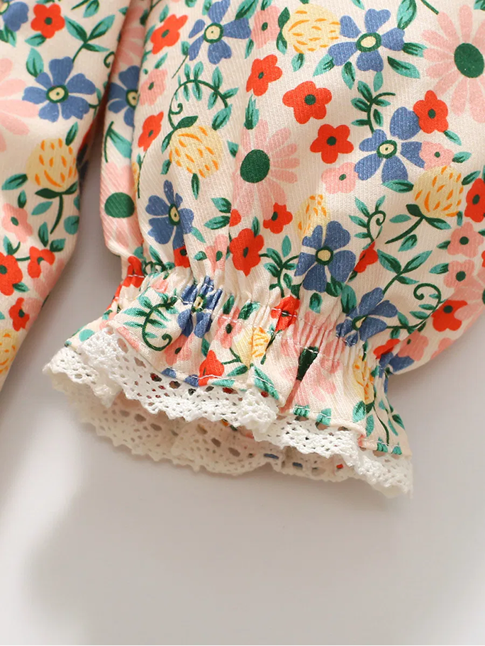 Sleeve Allover Flower Print Children Dress